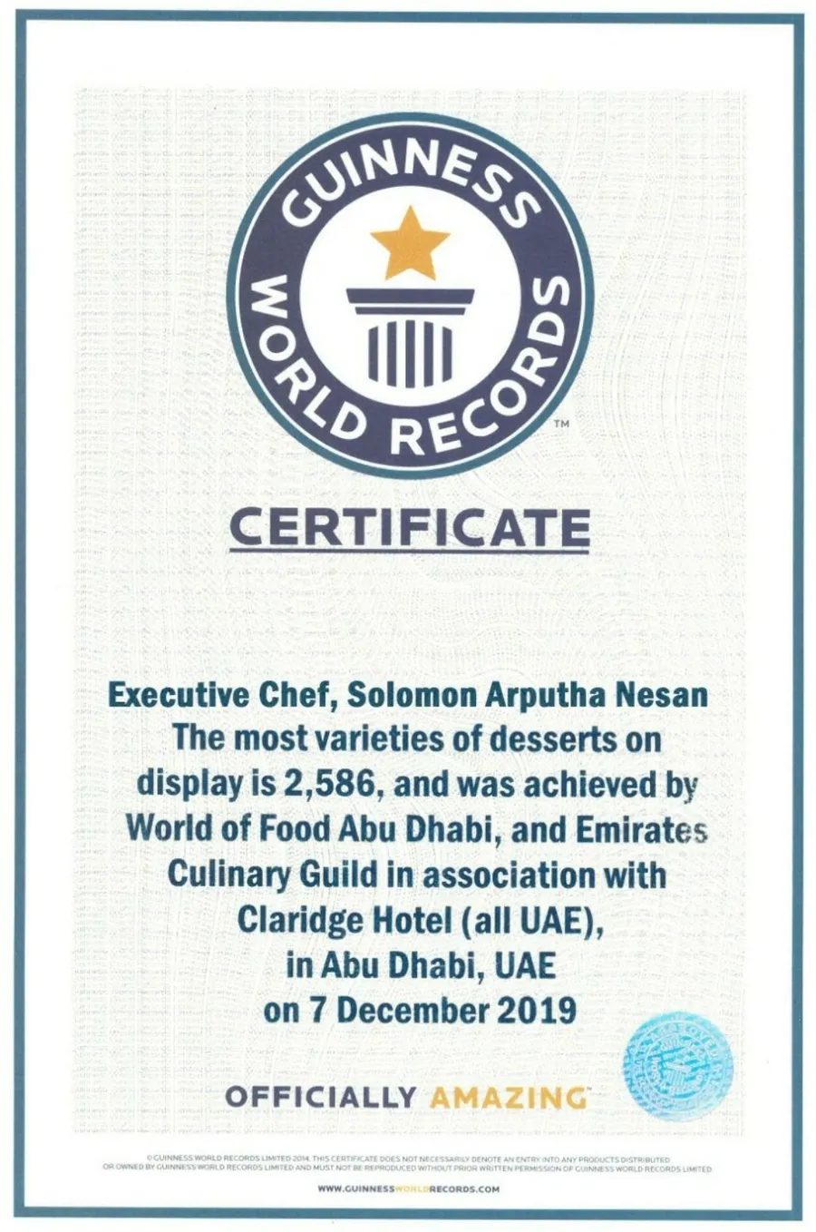 Guinness World Records certificate: most varieties of desserts on display, 2,586