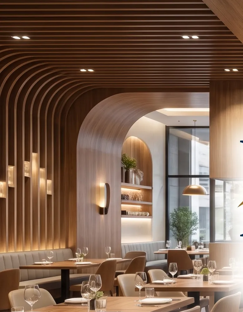 Warm, contemporary restaurant dining room with timber detailing